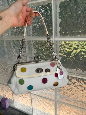 Coach White Leather Shoulder Bag with Multicolor Polka Dots
